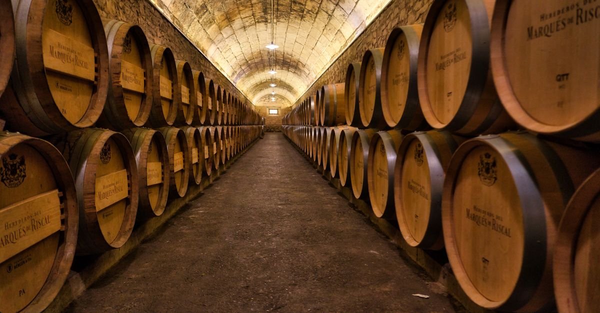 A picturesque wine cellar in Elciego, Spain, showcasing rows of wooden barrels under arching stone ceilings.